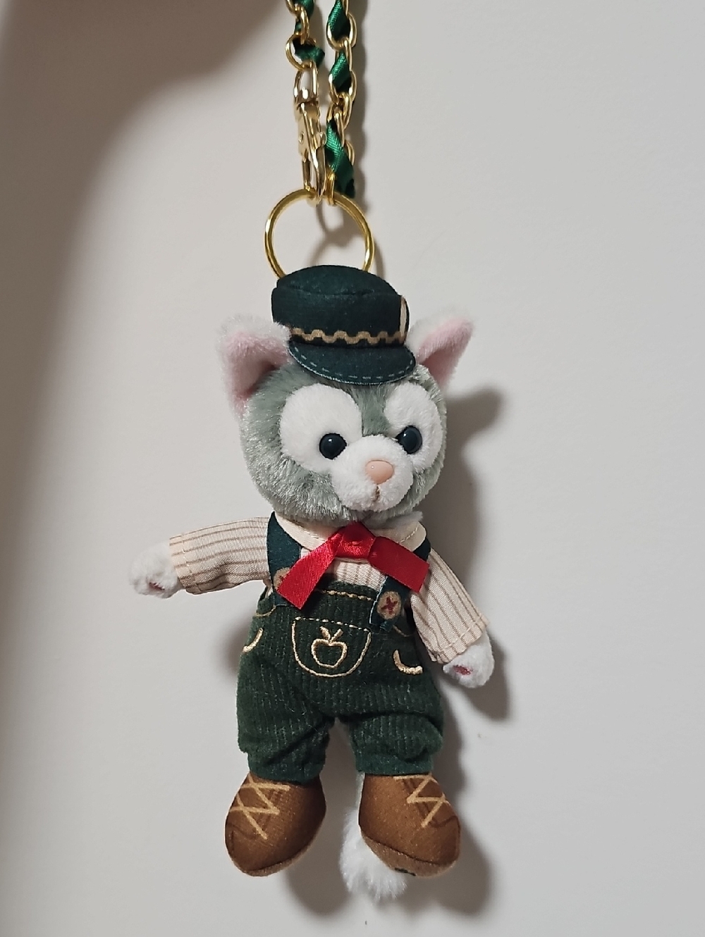 Disney Plush Cat Keychain in Green Overalls with Red Bow